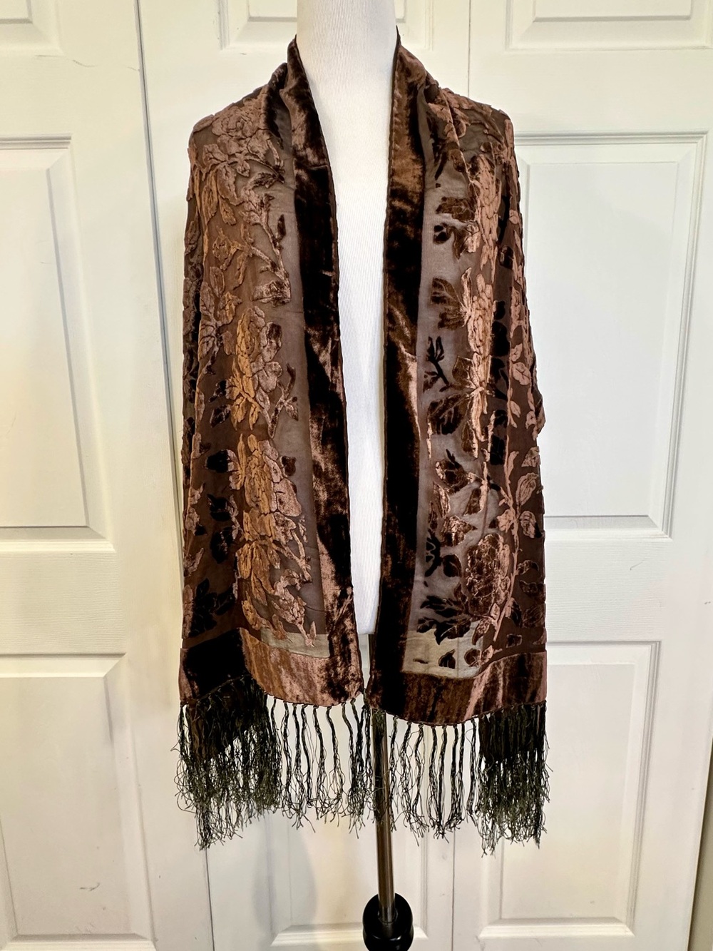 Plush Brown Floral Velvet Burnout Shawl with Fringe Trim